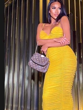 Need You In My Life Ruched Midi Dress - Mustard